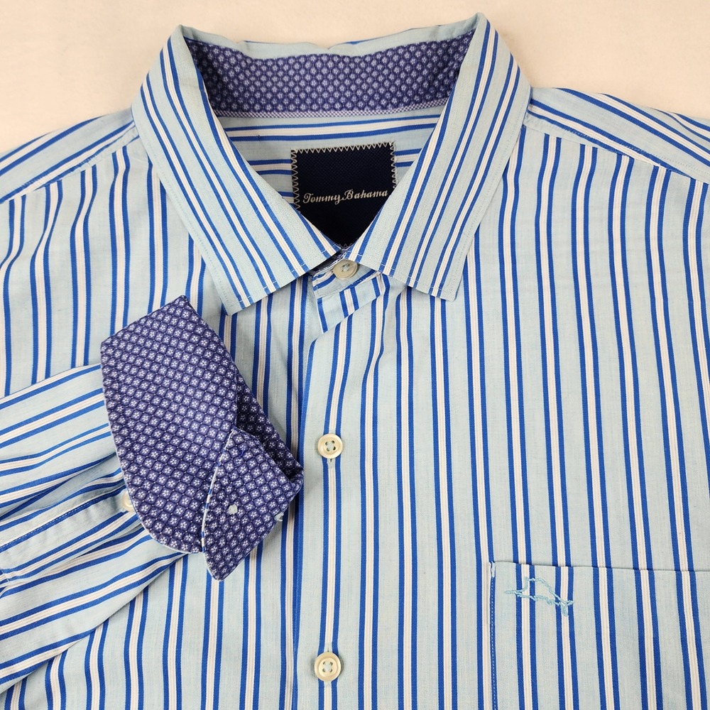 Tommy Bahama Men XL Blue White Striped Pima Cotton Long Sleeve Button Down Shirt